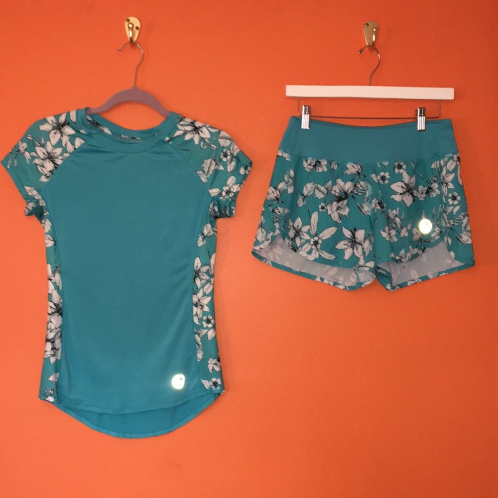 Reel Legends Teal Floral Rash Guard Swim Set XS/S 2/4 2 Piece Athletic Swimsuit